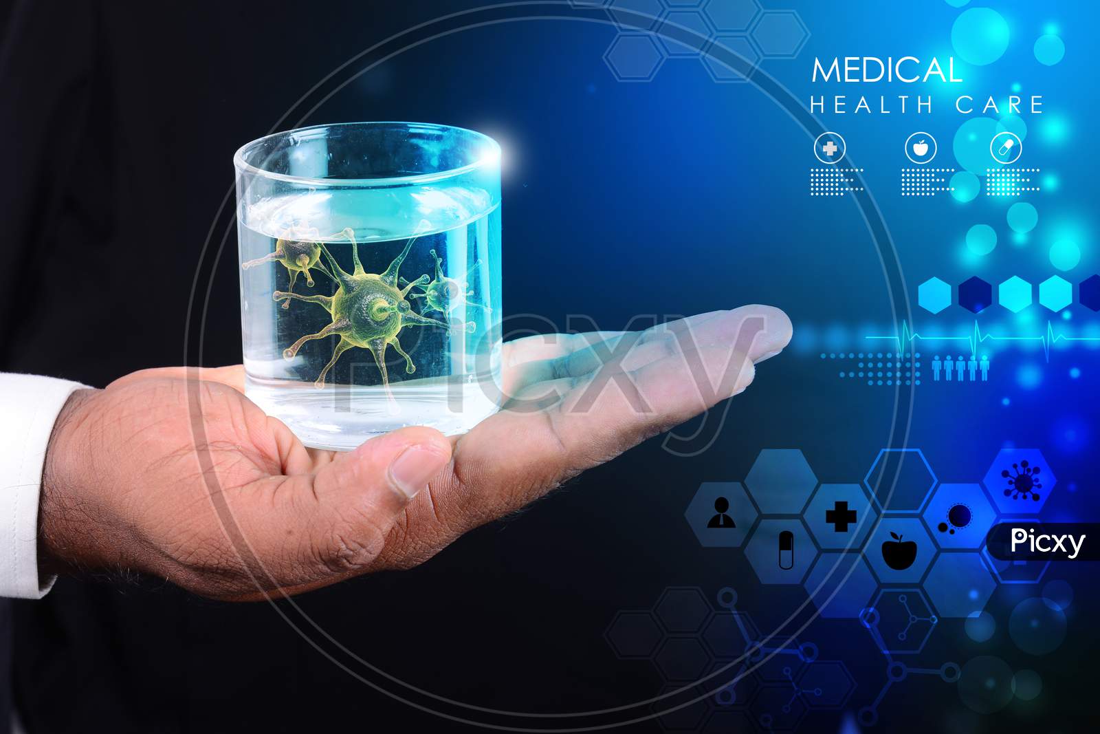 Smart Hand Showing Virus In Glass Of Water
