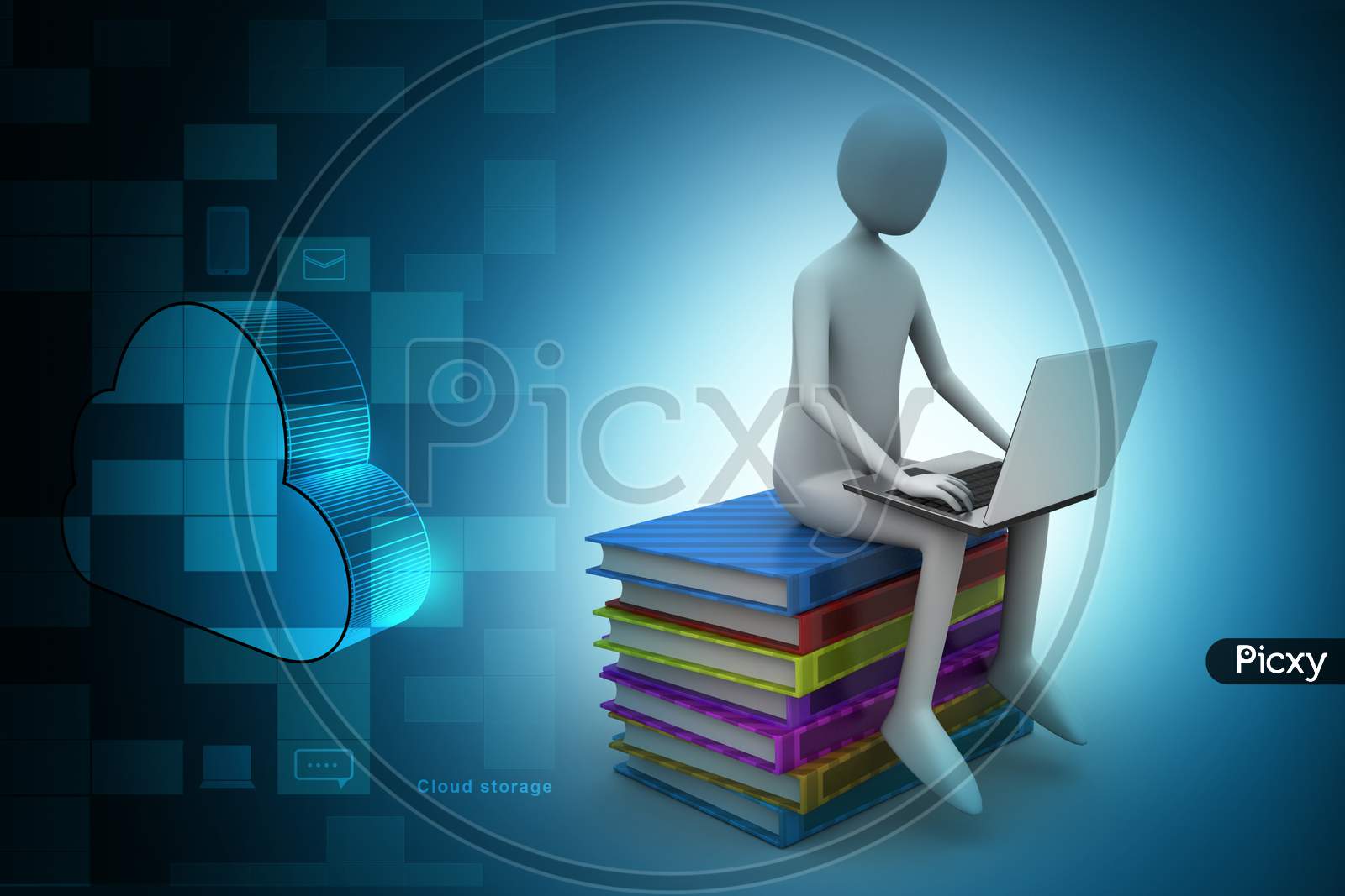 3D Man Sitting On Books And Working At His Laptop