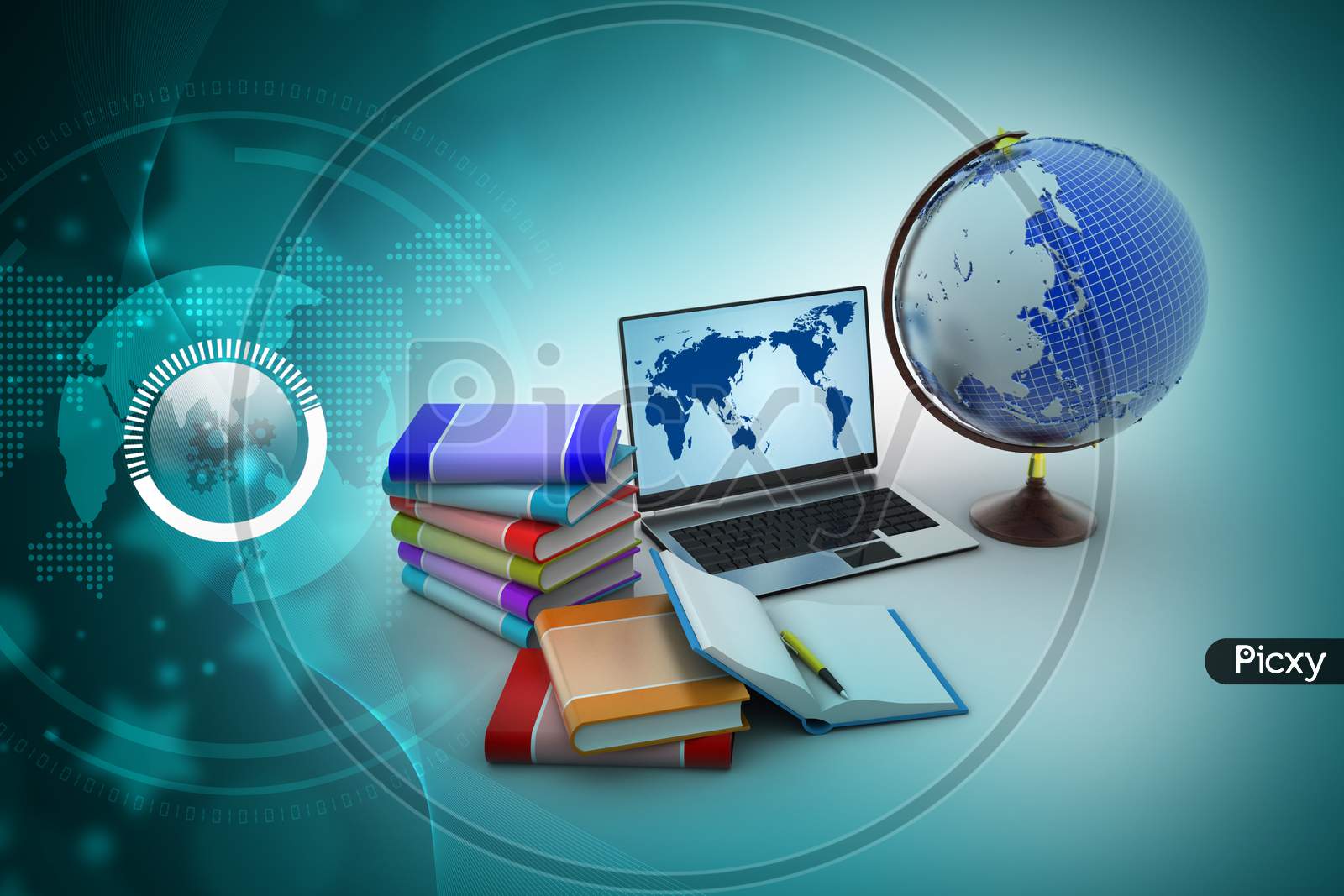 A Computer and Globe with Set of Books