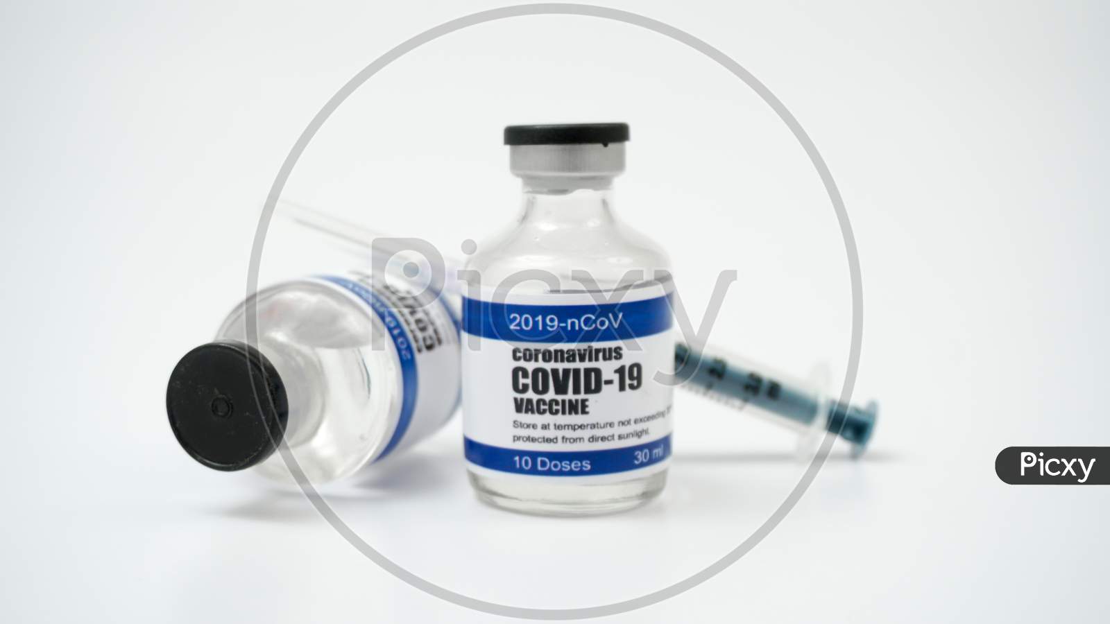 Covid-19 Corona Virus 2019-Ncov Vaccine Vials Medicine Drug Bottles Syringe Injection. Vaccination, Immunization, Treatment To Cure Covid 19 Corona Virus Infection. Healthcare And Medical Concept.