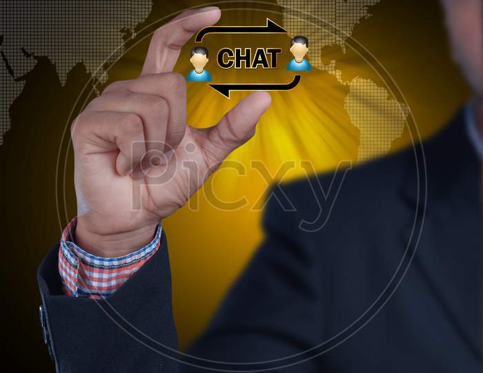Close up shot of a Person hand holding a Chat or Conversation Icon