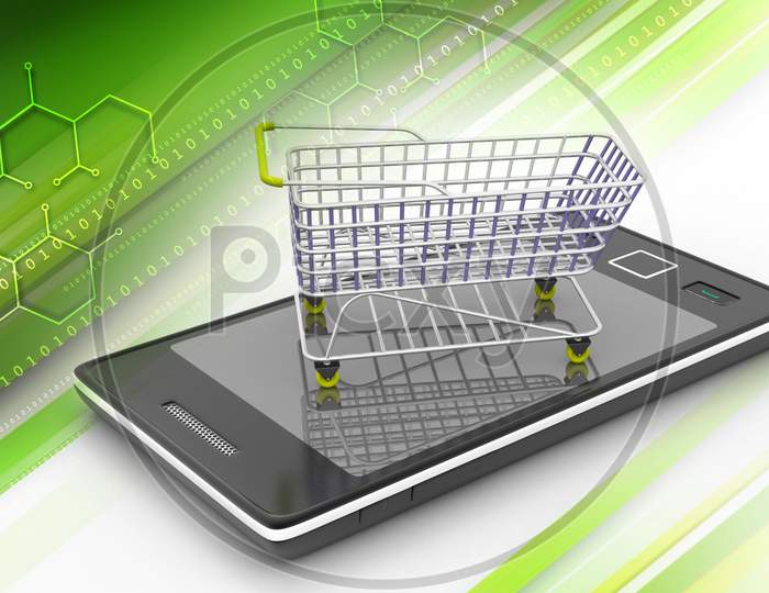 Online Shopping Concept With Smart Phone And Trolley In Color Background