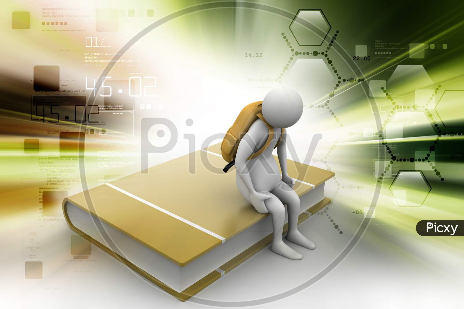 A 3D Man with Bag sitting on a Book