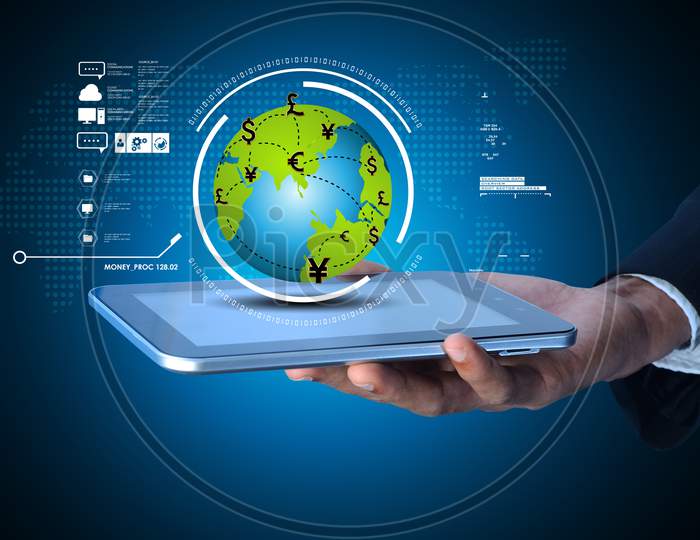 Close up shot of Person Using Tablet with A Globe