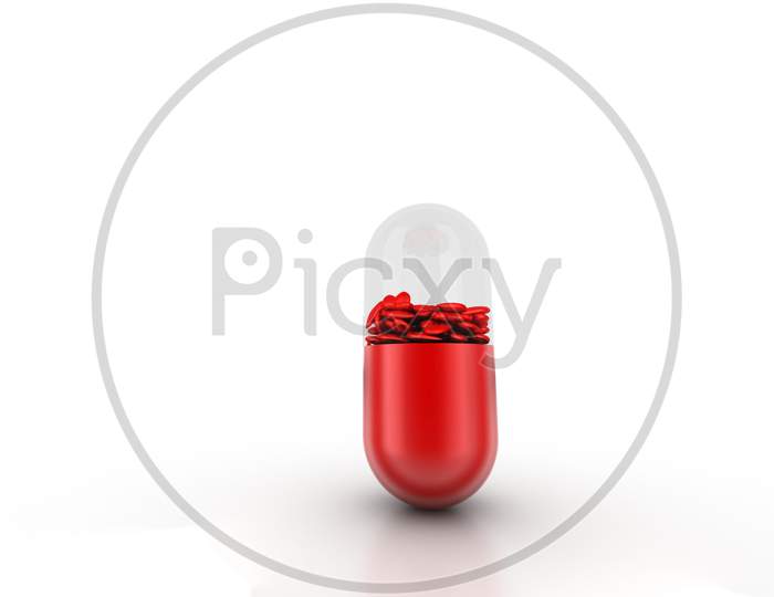 Red Pill Filled With Hearts, Medical Concept