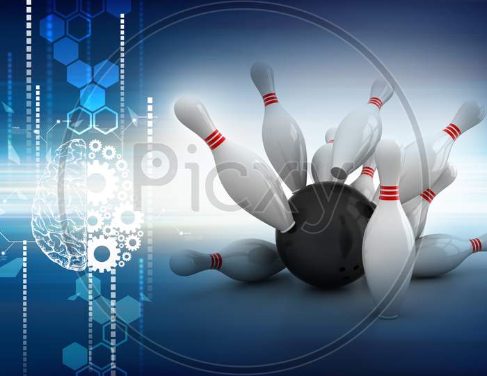 Bowling Ball Crashing In To The Pins In Color Background