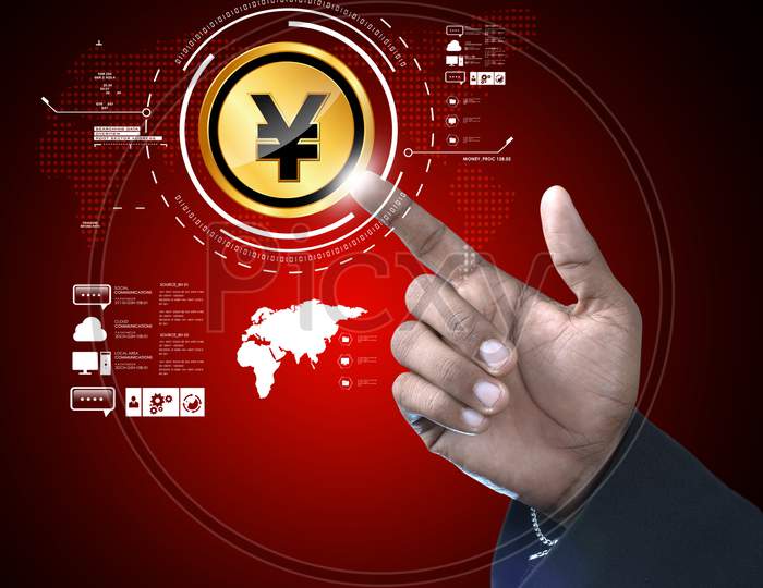 A Person pointing towards Yuan Currency Symbol