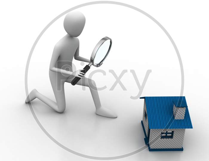 3D Man Looking House Through Magnifier