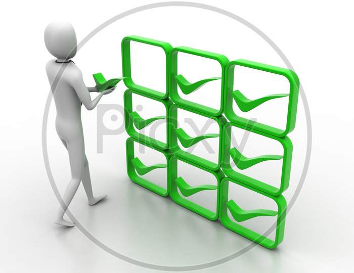 3D Person With Green Positive Symbol In Hands