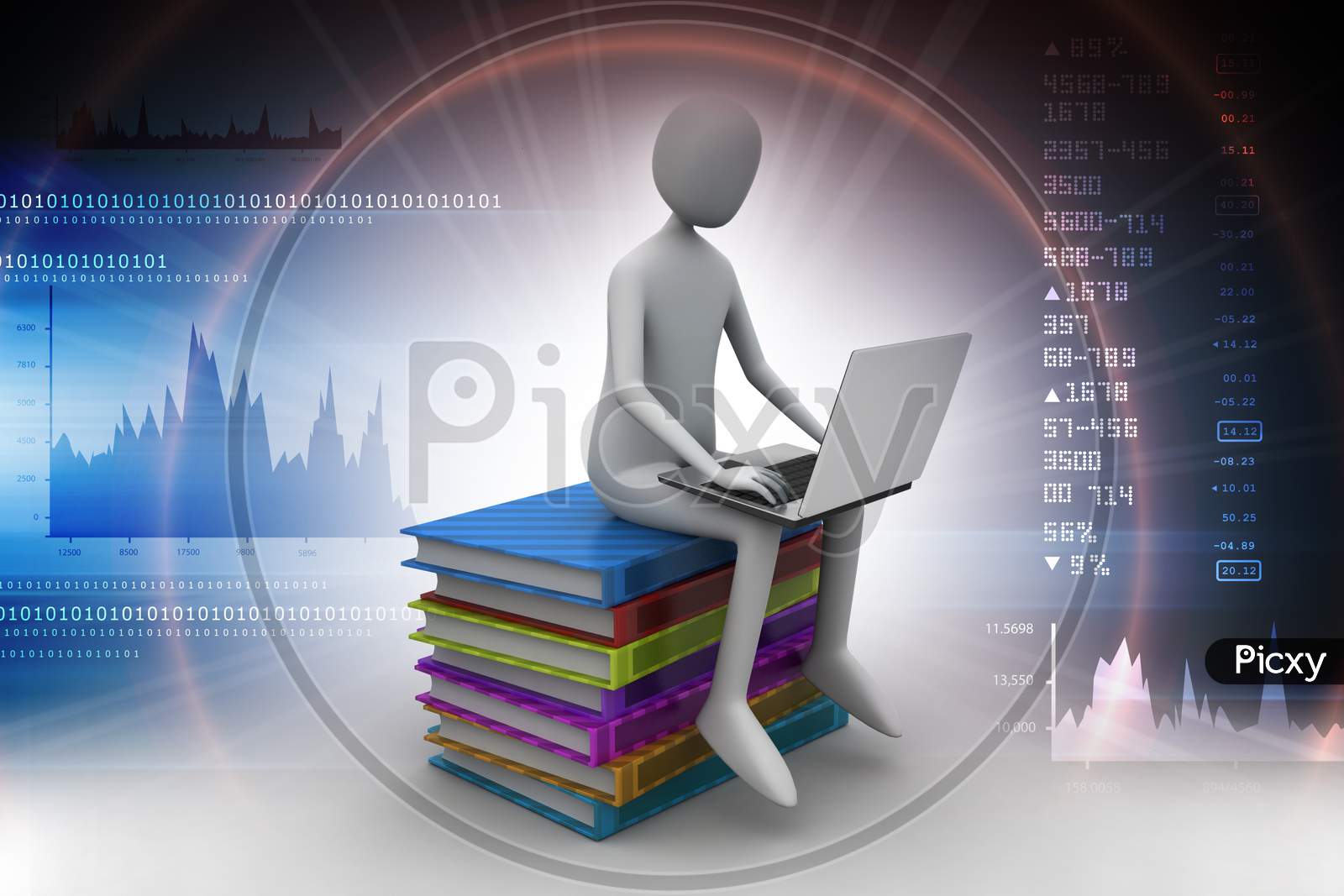 A 3D Man using Laptop sitting on top of books