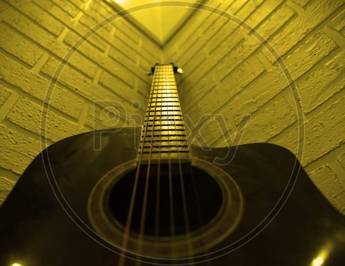 Old Guitar Close Up. Different Angle Guitar Photo