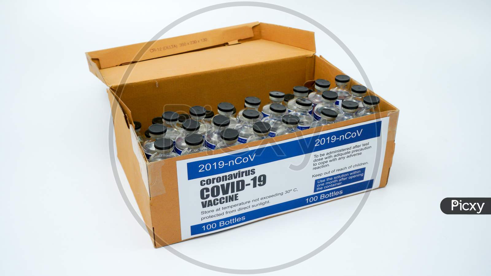 Covid-19 Corona Virus 2019-Ncov Sars-Cov-2 Vaccine Medicine Drug Vials Bottles Syringe Box. Vaccination, Immunization, Treatment To Cure Covid 19 Corona Virus Infection Concept. White Background.