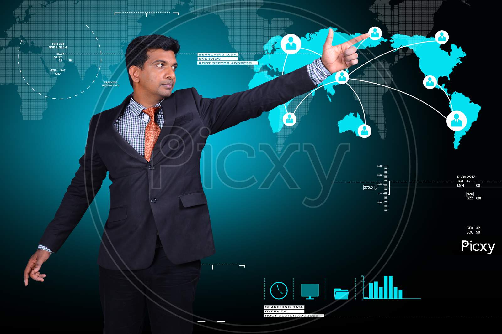 Young Indian Man pointing towards a World Map