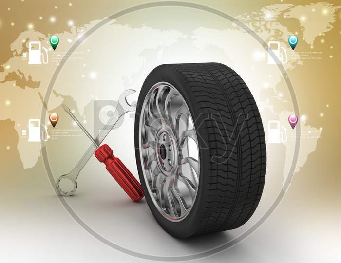 3D render of a Tyre with Repair Equipment