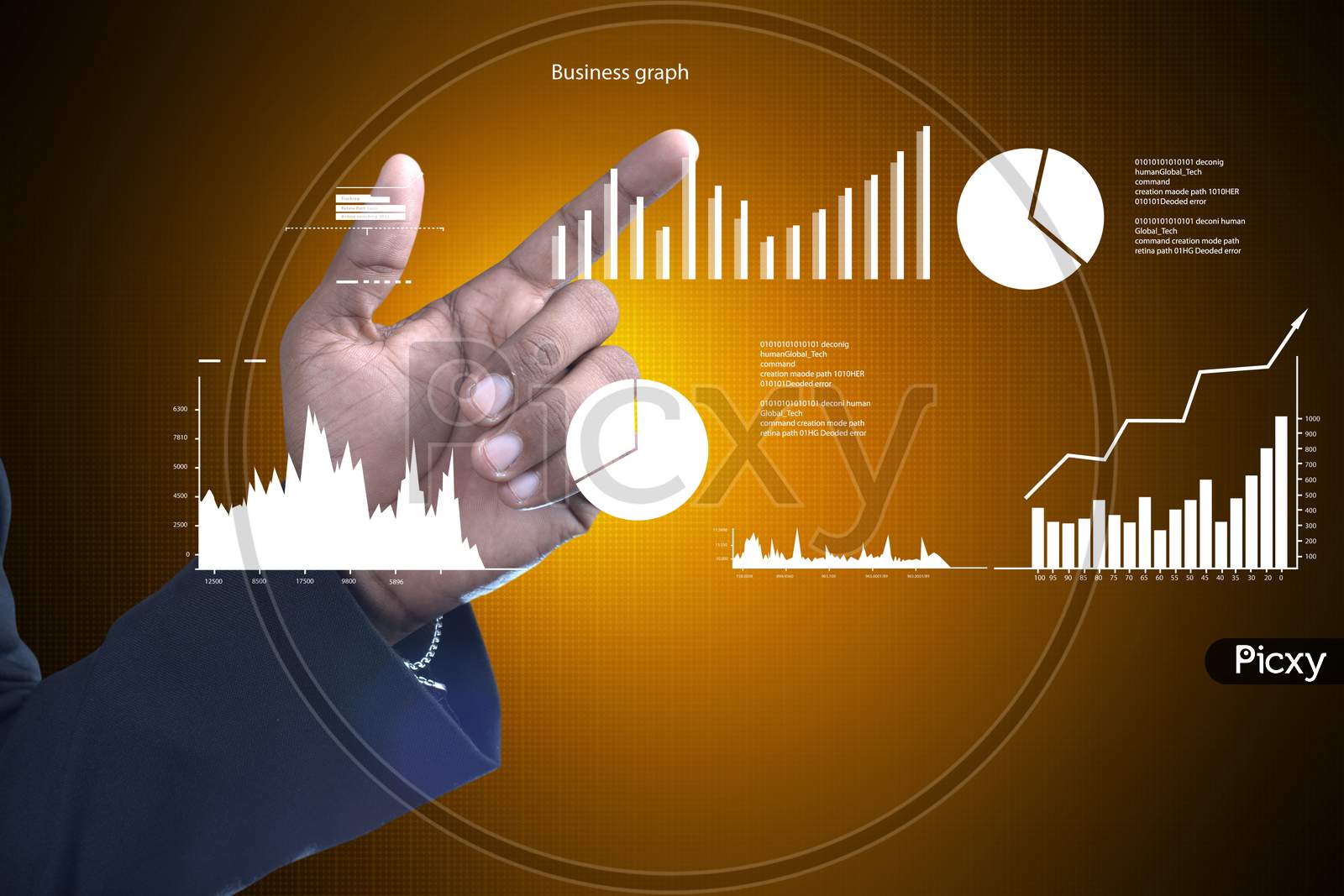 Close up shot of Person's Hands pointing towards Growth Bars and Pie Charts