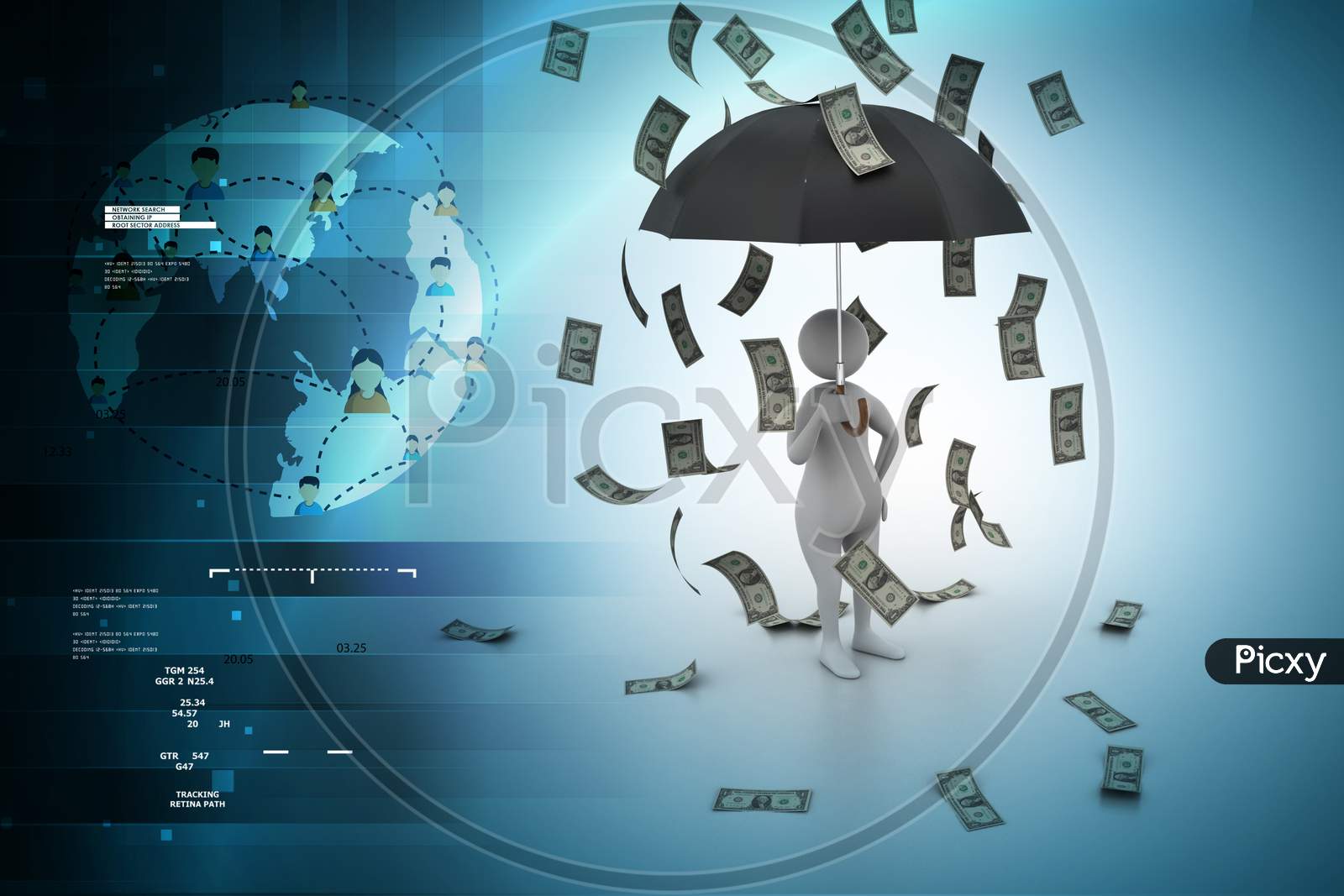 3D Man And Umbrella In Money Rain