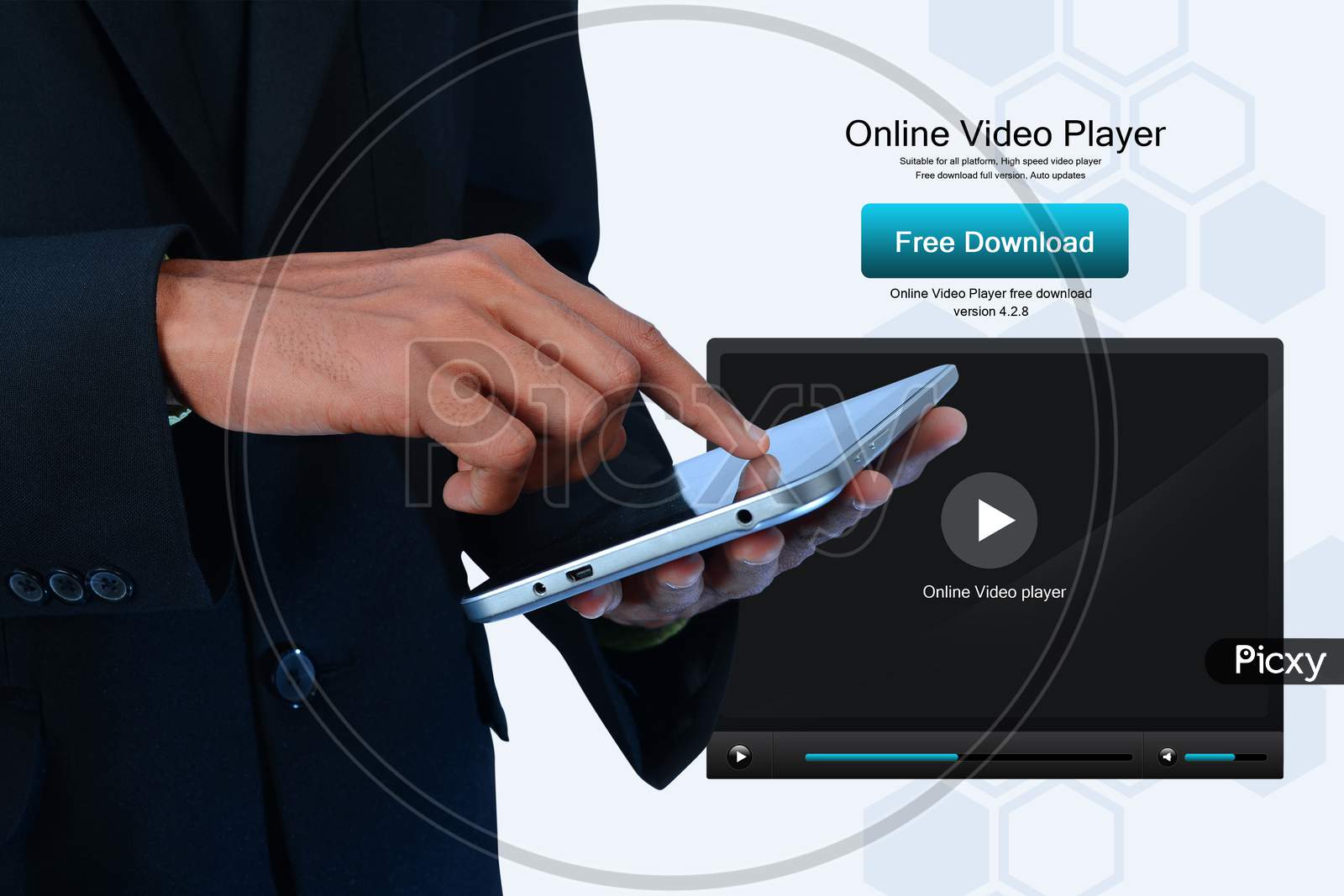 Close up shot of Person's Hand using a tablet or iPad with Online Video Player in the Background