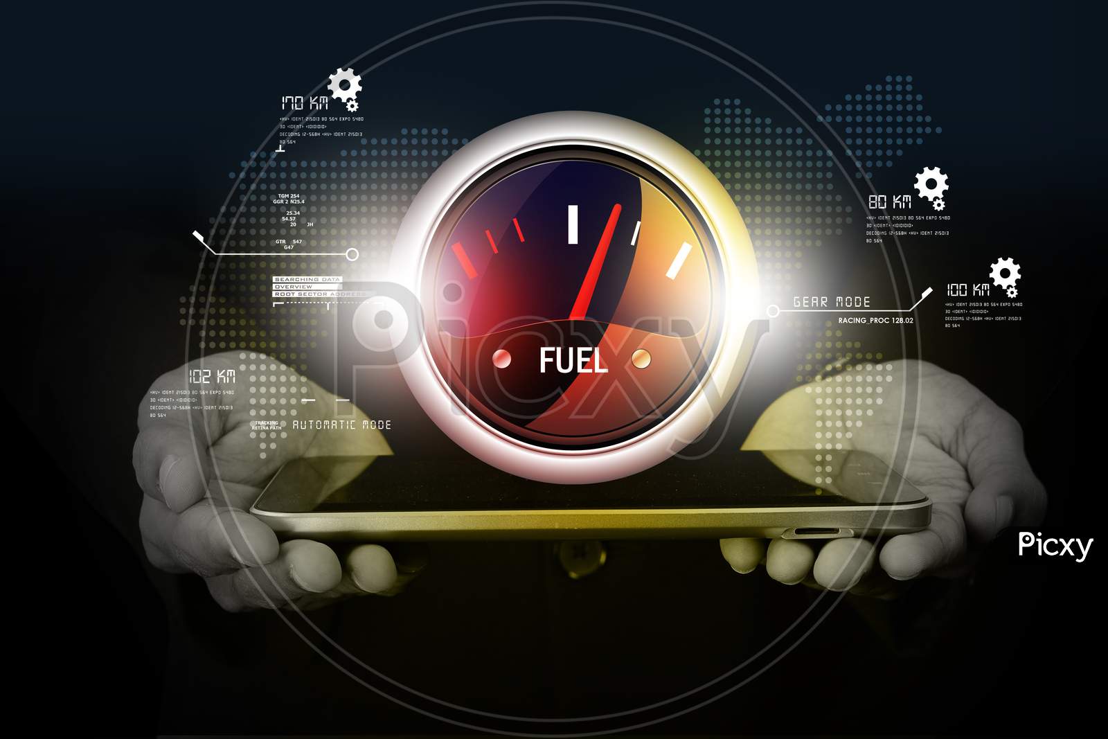 Close up of a Person's Hand holding a Tablet or iPad with Fuel Indicator