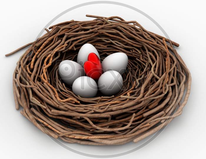 Red Heart And Eggs In A Bird Nest
