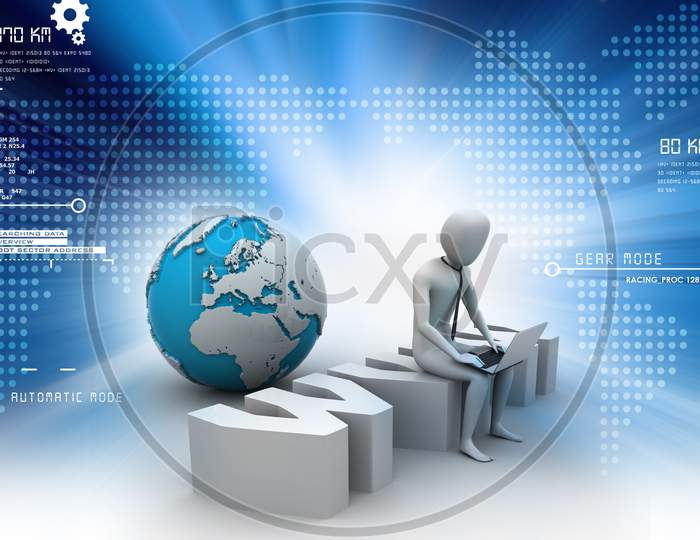 A 3D Man using Laptop with Globe in the Background - Concept of Man using Internet