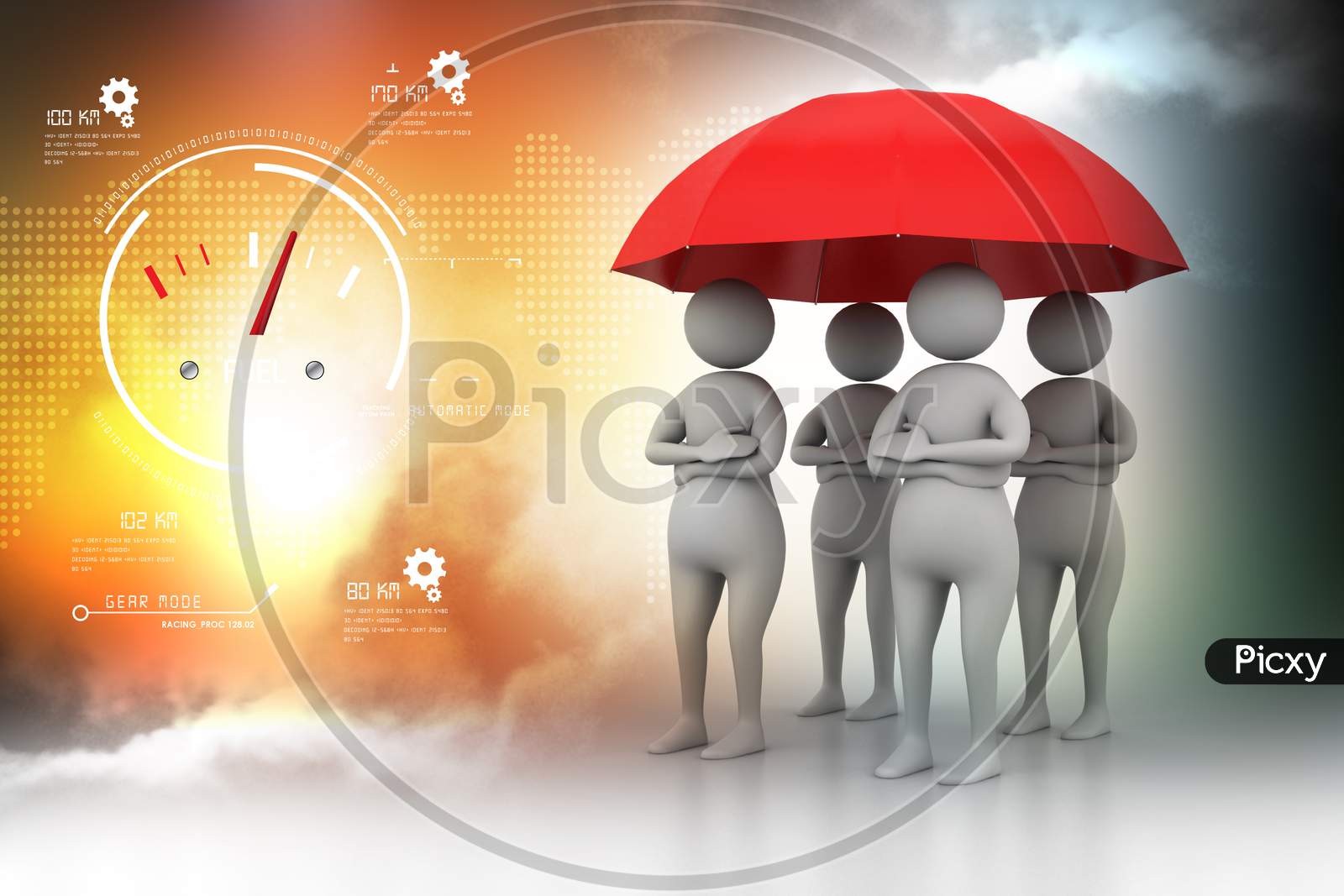 A Group of 3d Men's Under An Umbrella