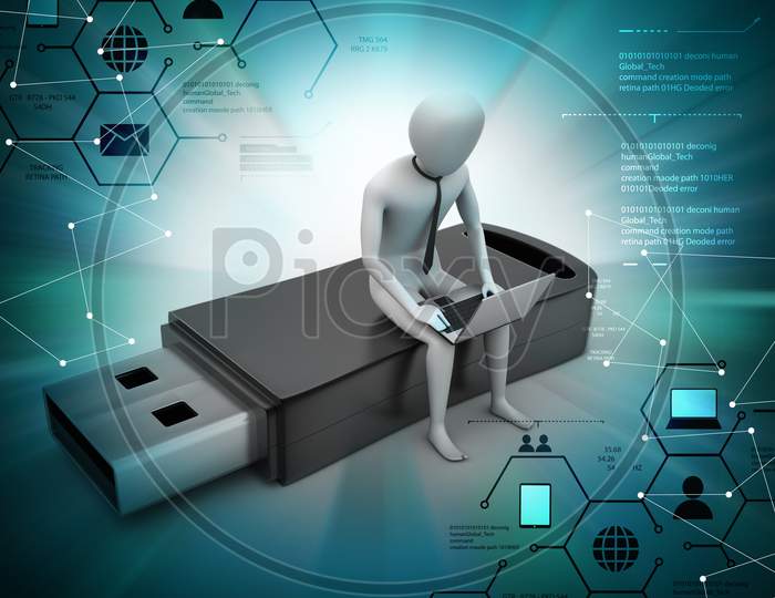 A 3D Man using Laptop by sitting on a Pendrive