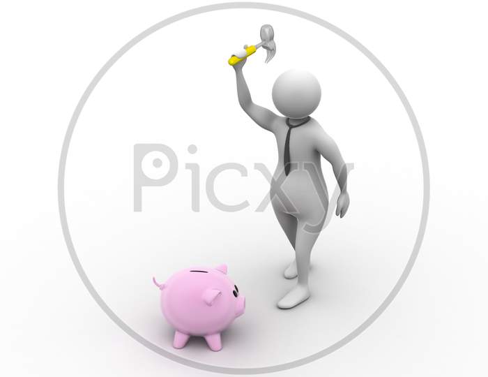 business person and piggy bank with a hammer