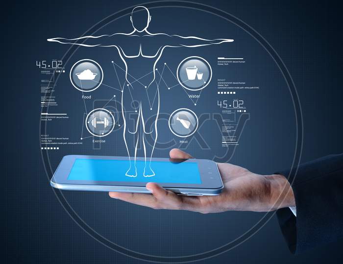 Close up shot a Person's Hands Holding Tablet with Human Body Structure