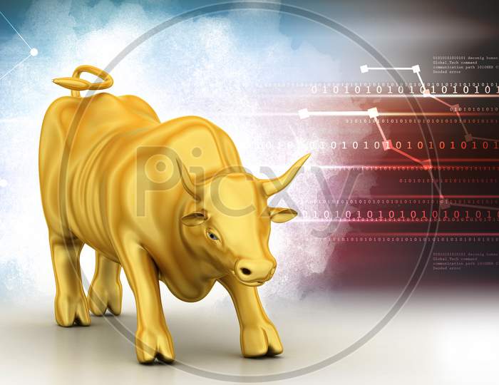Rising Golden Business Bull In Color Background