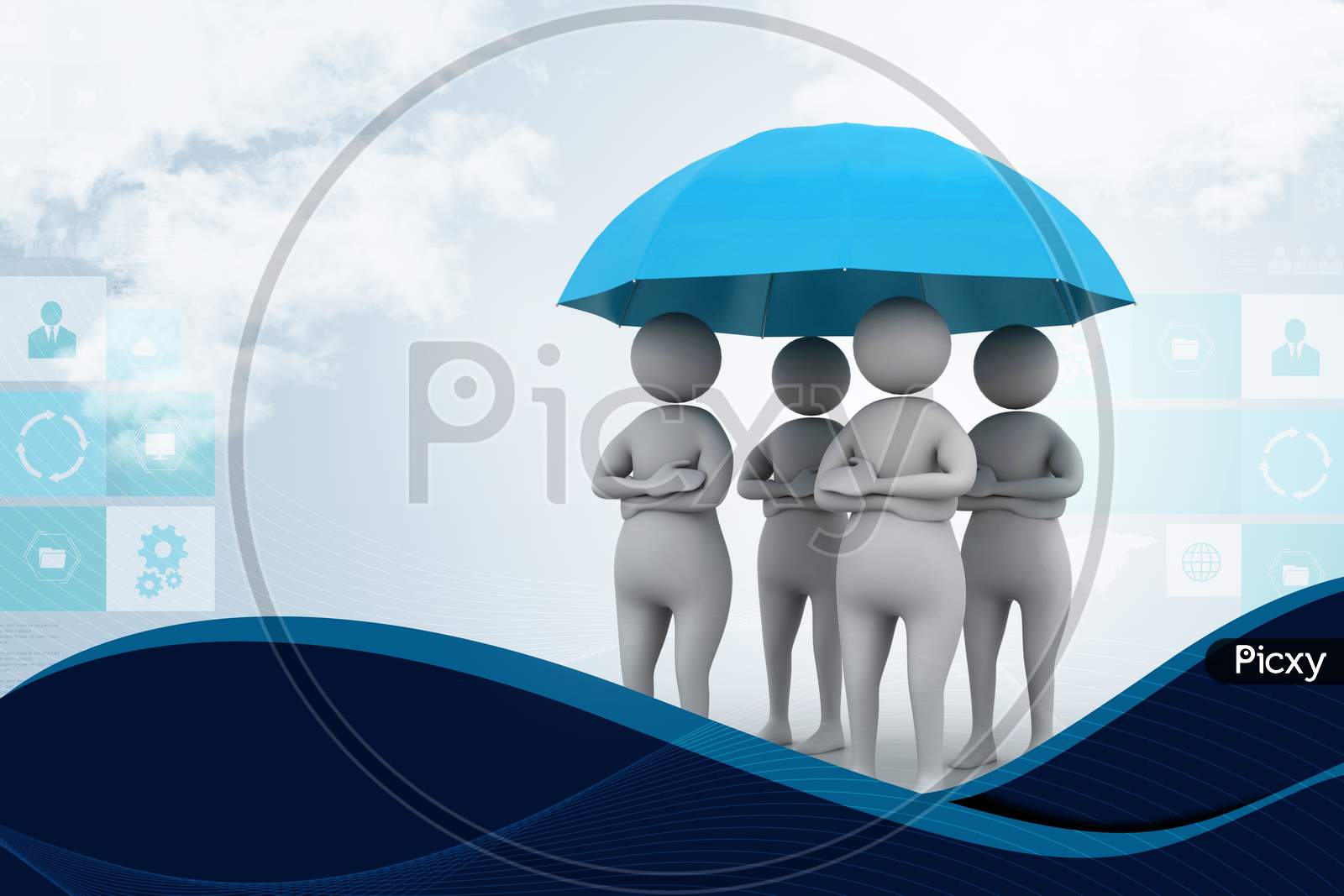 3D People Under A Red Umbrella, Team Work Concept