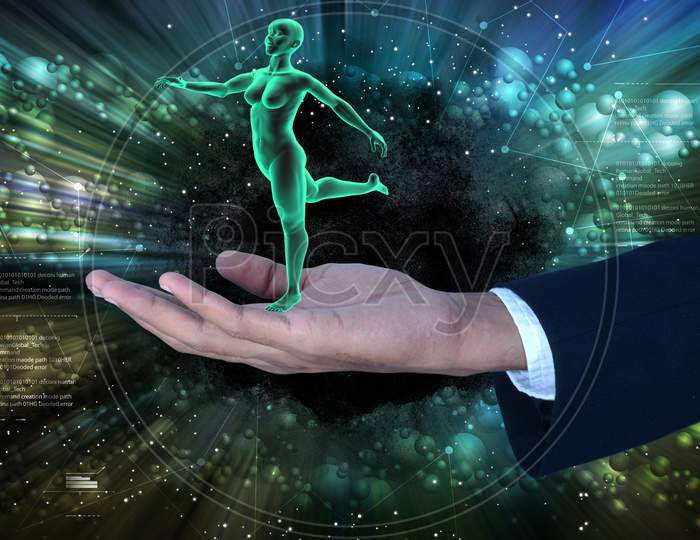 3D Woman With Yoga Steps In The Man Hand