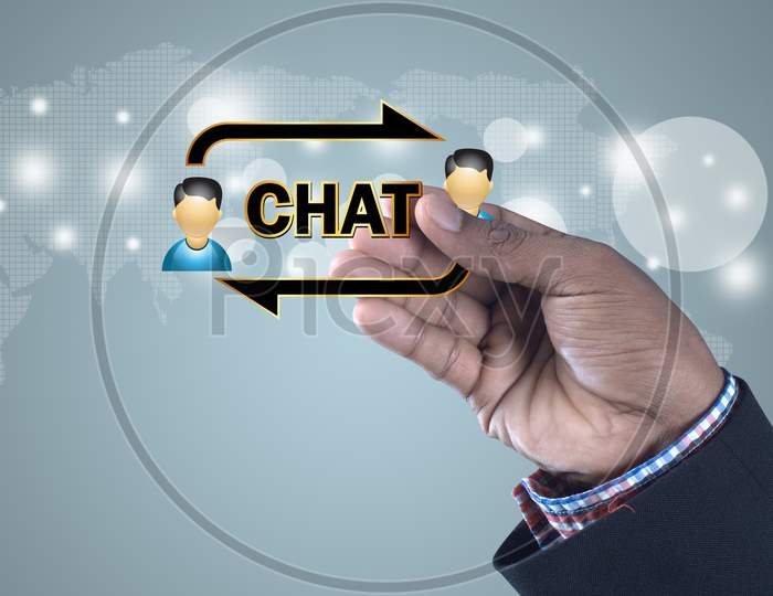 Close up shot of Person's Hands holding a Chat Icon