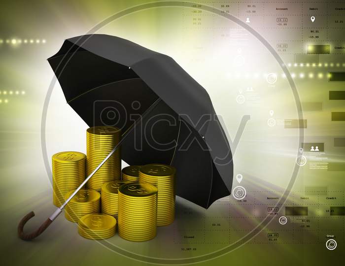 Gold coin with umbrella in color background