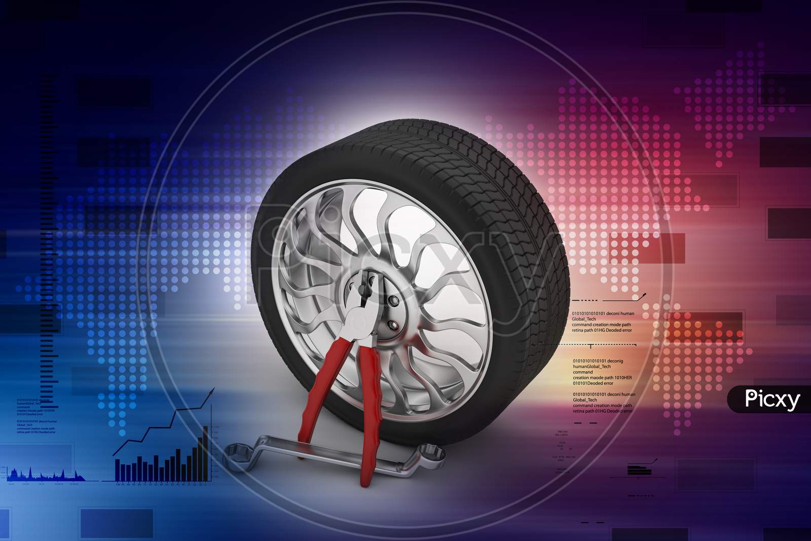 A 3D Render of a Tyre with Repair Equipment