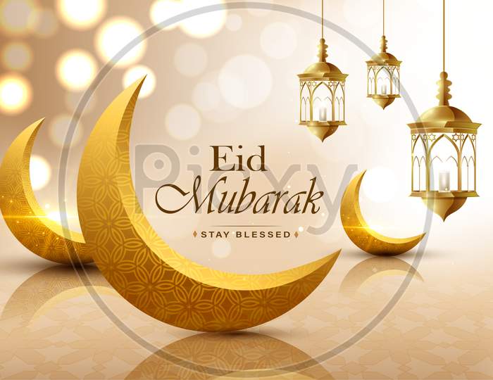 Eid Mubarak, Realistic Crescent Moon, Wish Greeting Poster, Illustration Vector