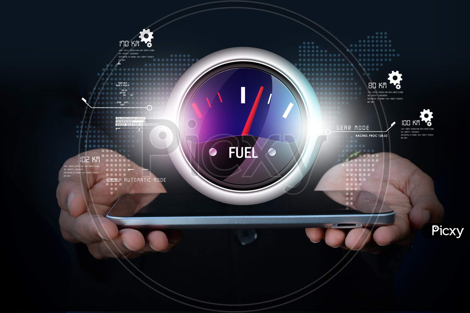 Close up shot of a Person's Hand holding a Tablet or iPad with Fuel Indicator