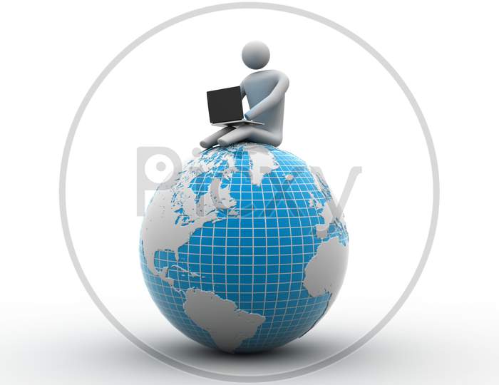 Man Sitting On Globe With The Laptop. On Top Of The World.