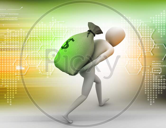 Business Man With Money Bag In Color Background