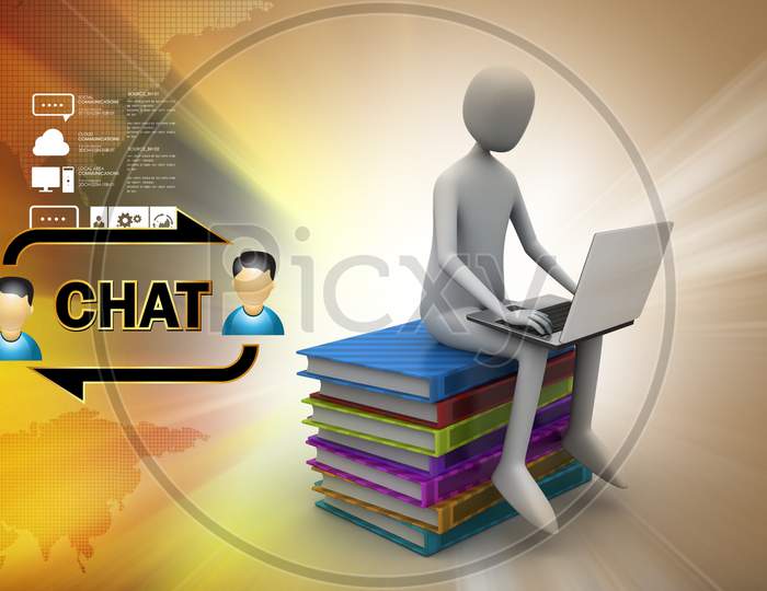 A 3D Man sitting on Couple of Books and using a Laptop Indicating Chat in the Background