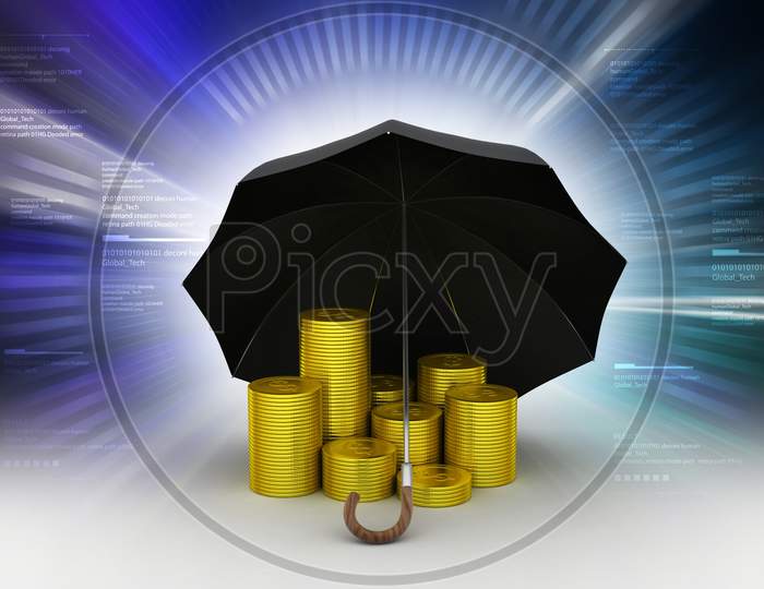 Gold Coin With Umbrella In Color Background