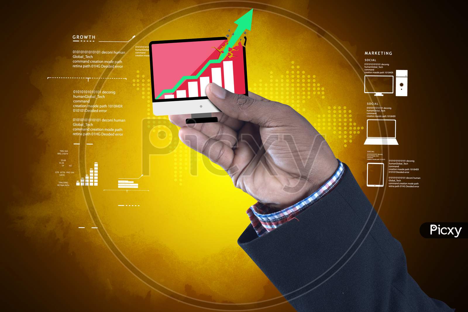 Man Showing Successive Graph In Color Background
