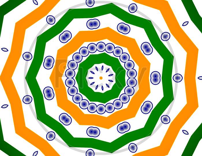 Abstract Indian Flag Design Geometric Seamless Pattern Background. India Flag Unique Logo. Seamless Pattern With A Graceful Figures In Geometrical Style.Colorful Ceramic Wall Decoration.