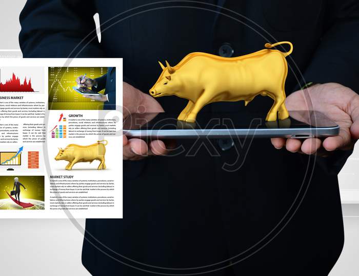 Man Showing The Stock Market Bull In Tablet Computer