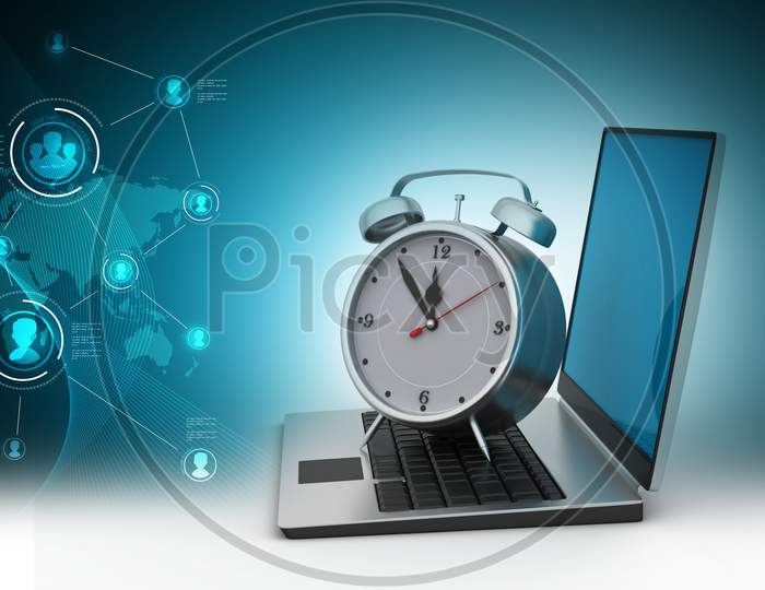 A Laptop and Clock with Coloured Background