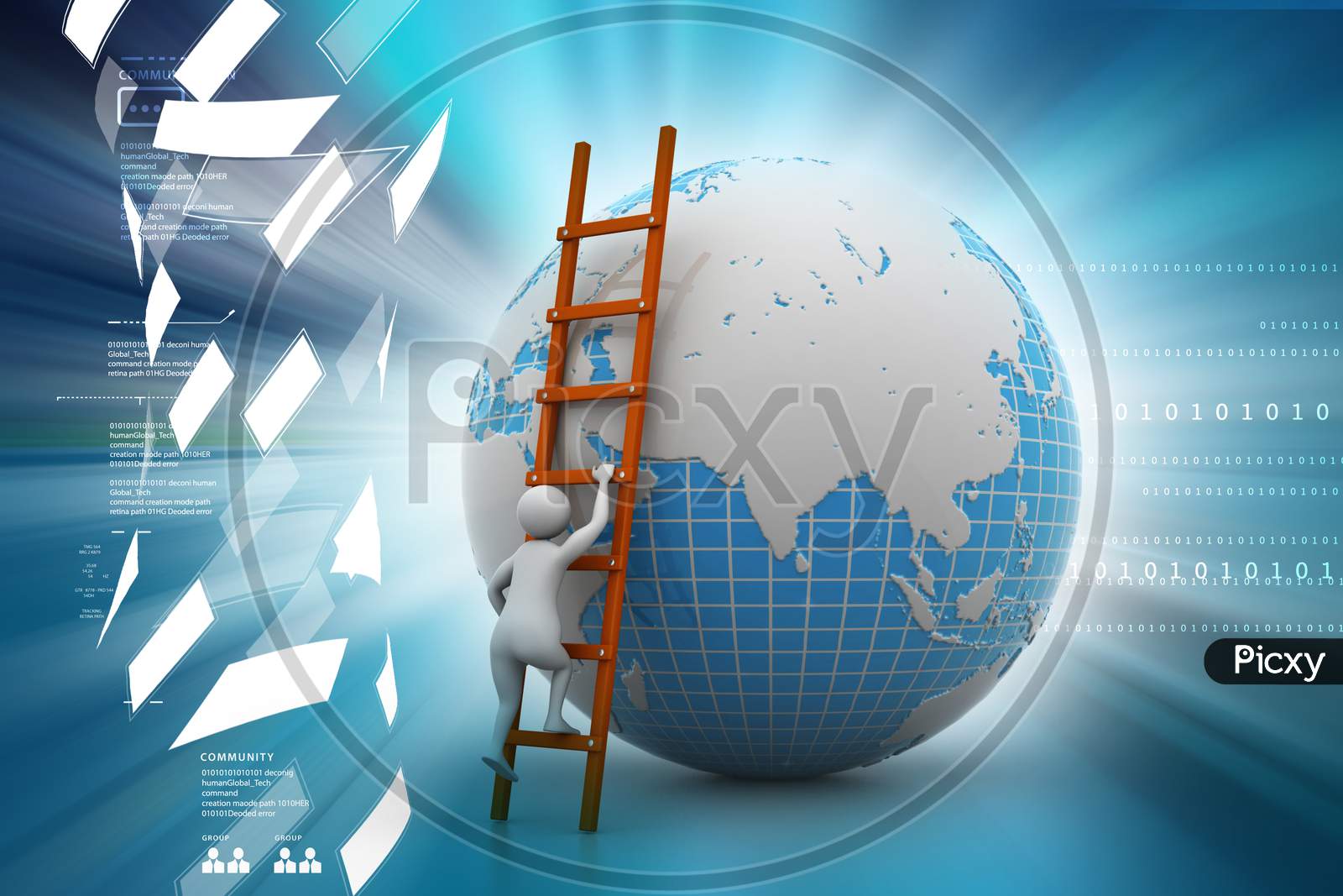 3D Man Climbing The
Globe With The Help Of Ladder In Color Back Ground