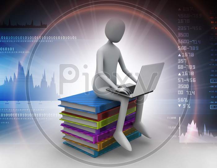 A 3D Man using Laptop sitting on top of books