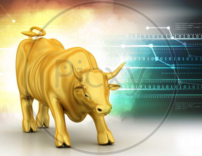 Rising Golden Business Bull In Color Background