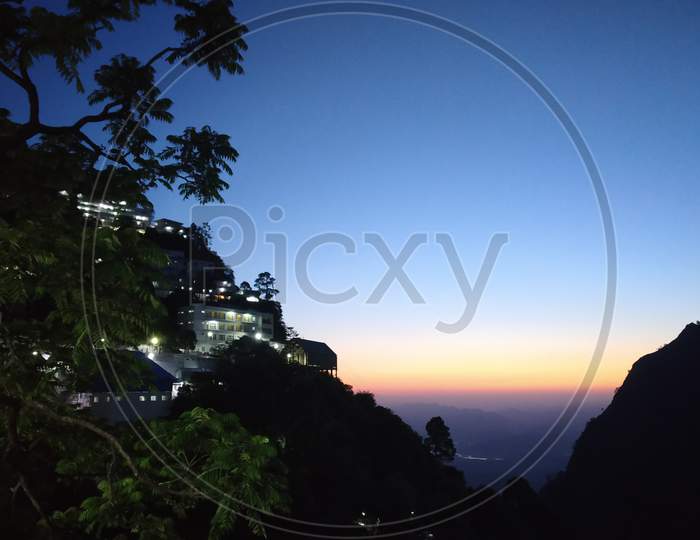 a view of the evening sunset in the hills of Vaishno Devi