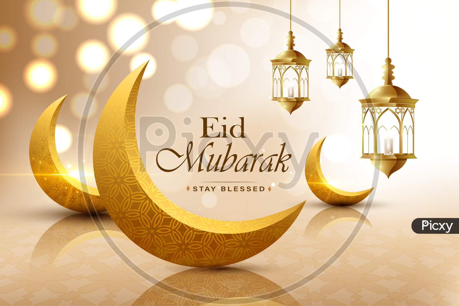Eid Mubarak, Realistic Crescent Moon, Wish Greeting Poster, Illustration Vector