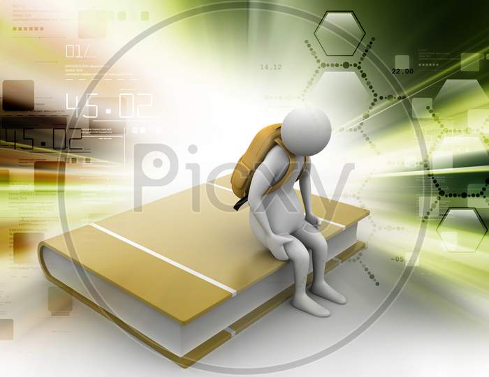A 3D Man with Bag sitting on a Book